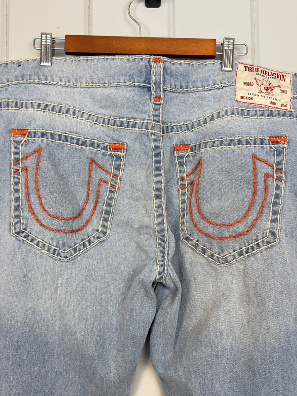 True Religion Ricky Relaxed Straight World Tour Light Wash Jeans Orange Stitch